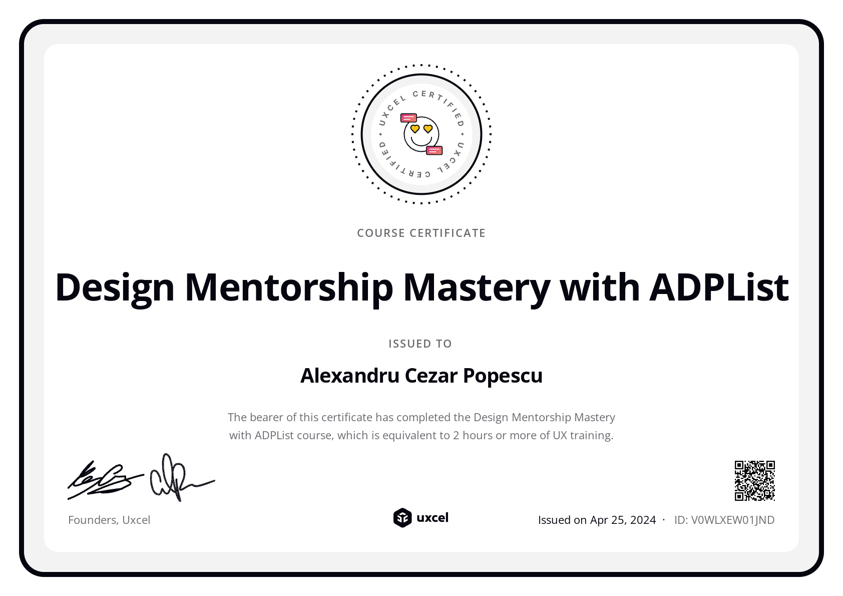 Alexandru Cezar Popescu's certificate